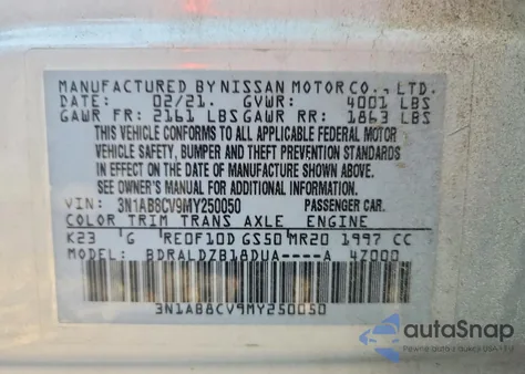 2021 Nissan Sentra Sv z USA, uszkodzony, nr VIN 3N1AB8CV9MY250050